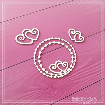 Чипборд "Сердечки и круглая рамка из бусинок", 4,5х4,5 см (СкрапМагия)