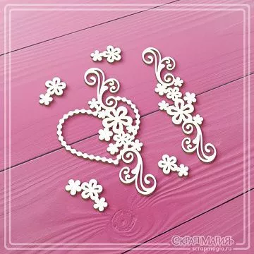 Чипборд "Сердце с цветами и завитками", 4,1х7,1 см (СкрапМагия)