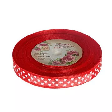 Лента репсовая "Сердечки на красном", ширина 1,5 см, длина 1 м